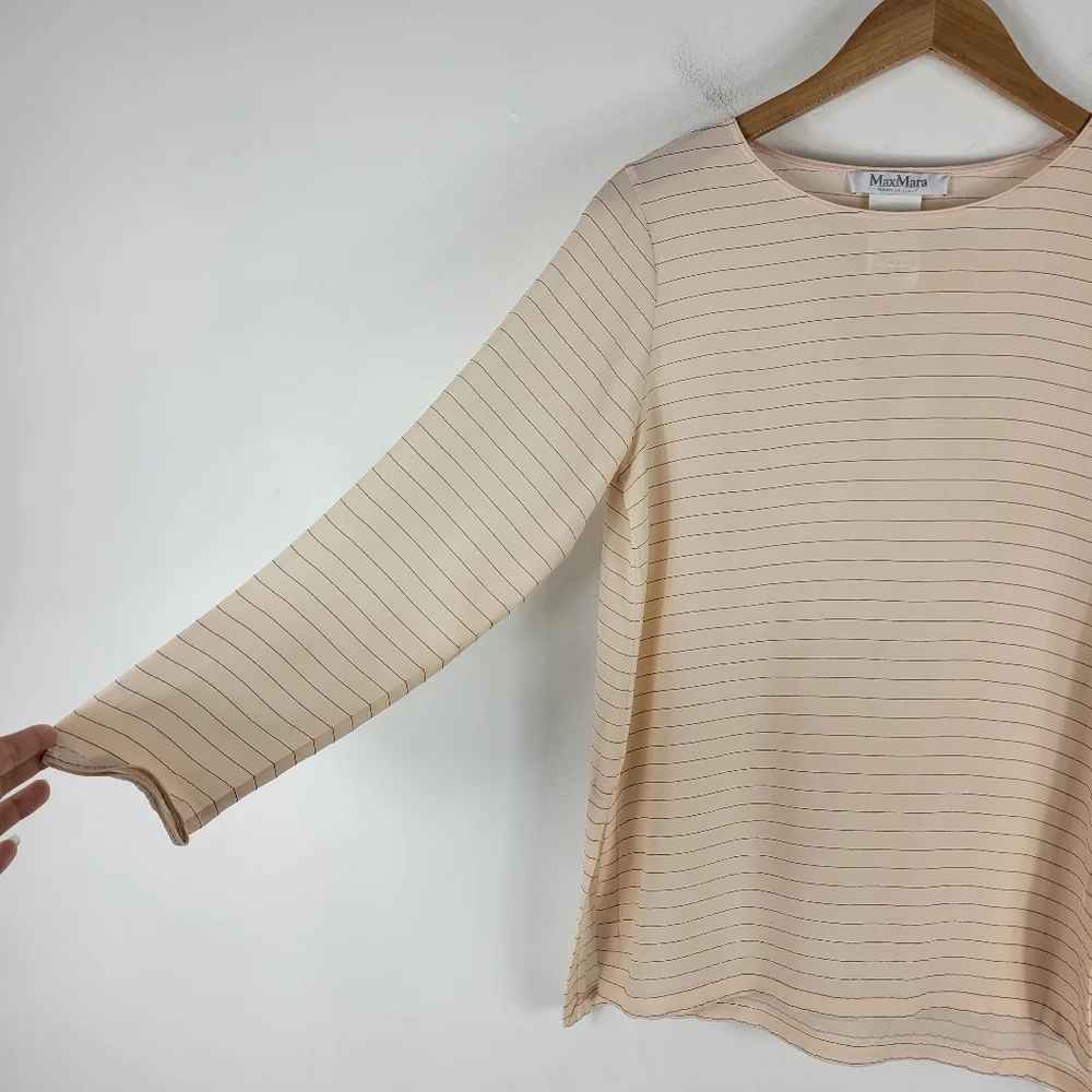 MaxMara Silk Semi Sheer Striped Long Sleeve Crewneck Split Side Blouse - Picture 2 of 10